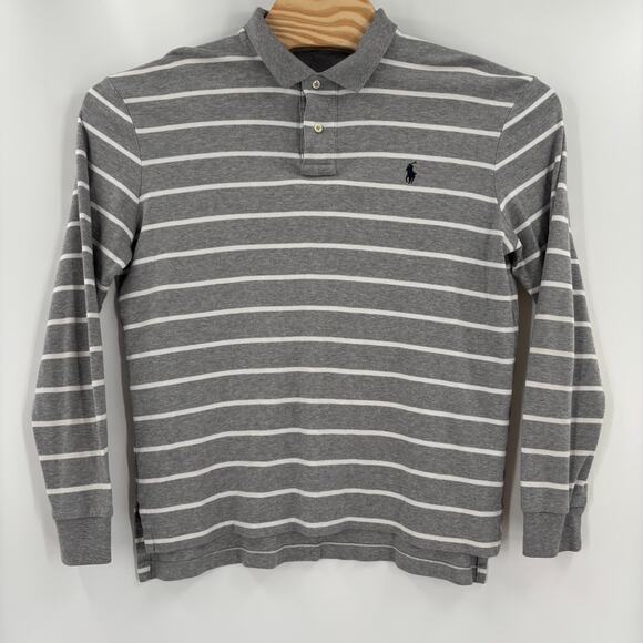 Polo Ralph Lauren Large Gray White Striped Long Sleeve Cotton Polo Shirt - Picture 5 of 6